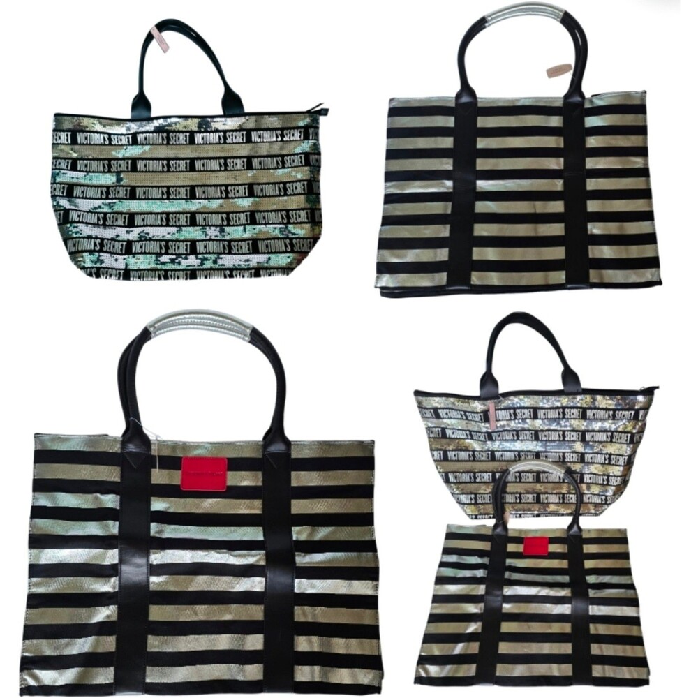 2pc VICTORIA'S SECRET BLING SEQUIN CANVAS SILVER METALLIC TOTE BAG handbag NWT